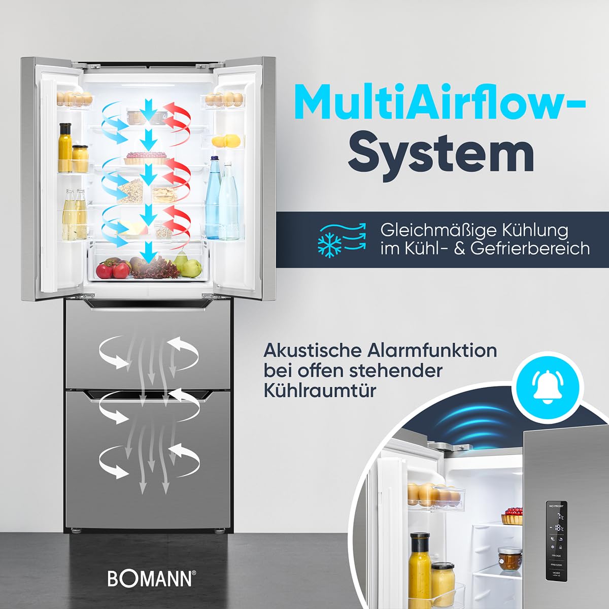 Bomann Réfrigérateur et Congélateur 320L Inox KG7361-Inox, Système MultiAirflow, Totalement Sans Givre, Éclairage LED, 4 Étagères en Verre, 2 Tiroirs Congélation, Économie d'Énergie