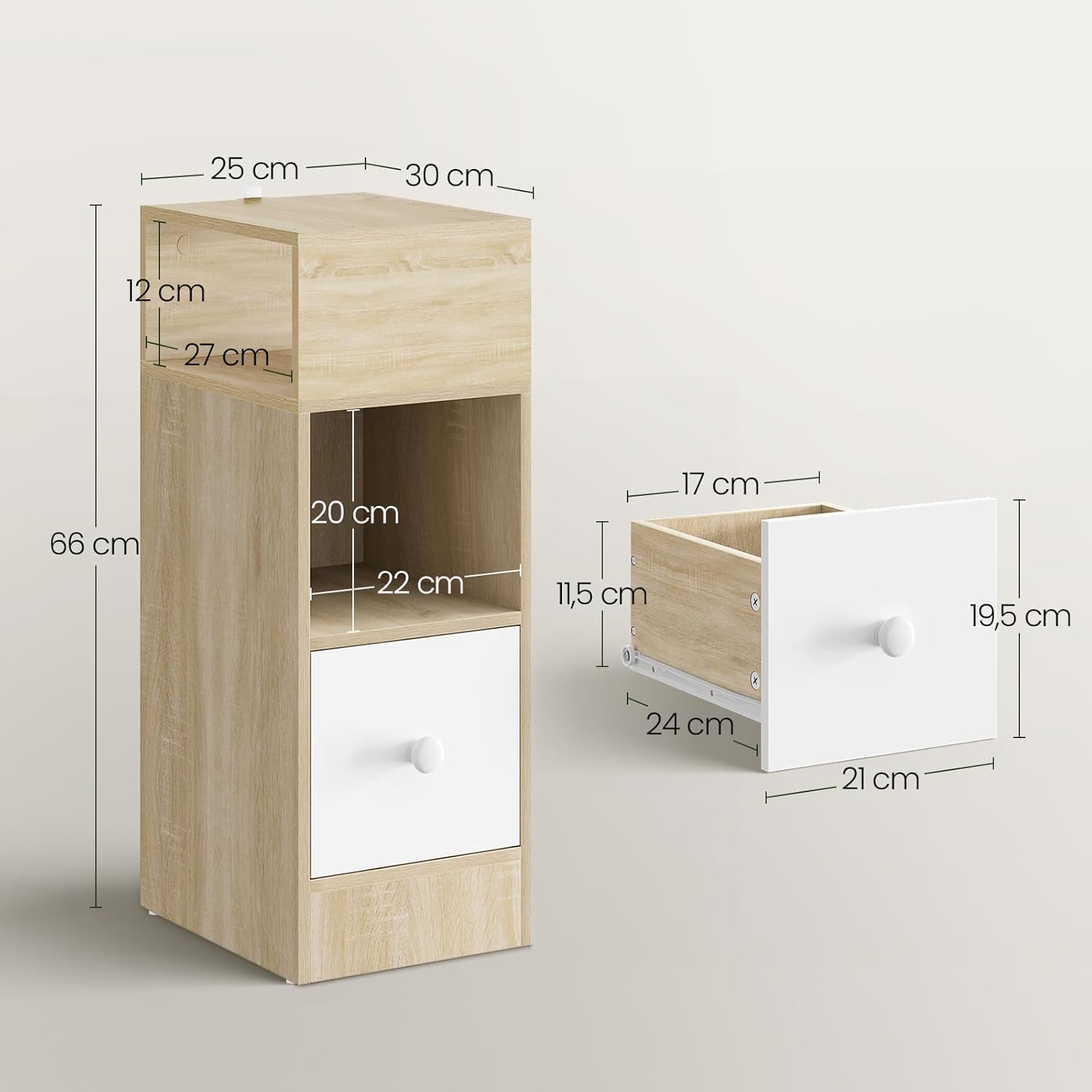 EUGAD Set di 2 Comodino Stretto, Comodino con 2 Scomparti a Giorno e Cassetto, Tavolino da Notte 25x30x66cm, Mobile Salvaspazio per Camera da Letto, Soggiorno, in Truciolato, Rovere, 0192ZZ-2