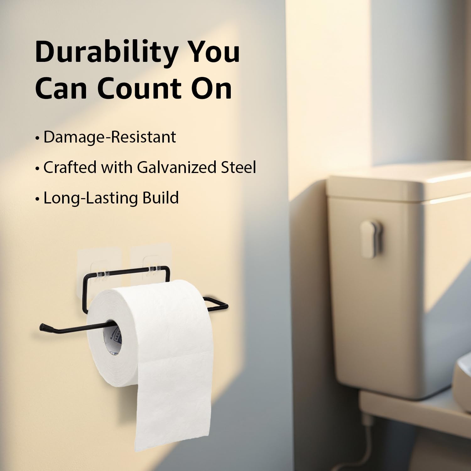 Amazon Basics Self-Adhesive Toilet Paper Holder | Wall-Mounted Bathroom Tissue Roll Hanger | Rust Proof GI Steel with Powder-Coated Black Finish | 24.8L X 5.47W x 4.8H cm, Pack of 3 3