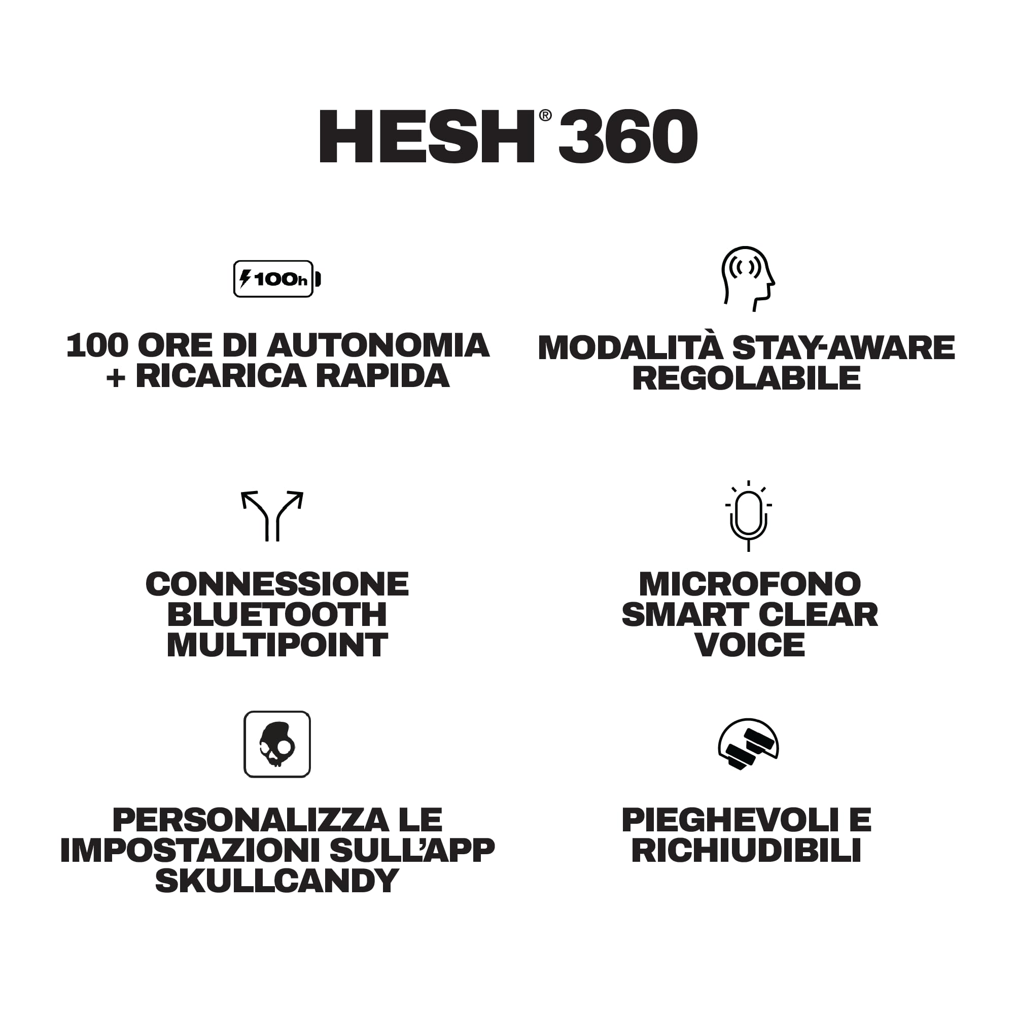 Skullcandy Hesh 360 Cuffie Wireless Over-Ear con Bluetooth, Fino a 100 Ore di Autonomia, Tecnologia Fonoisolante, Design Comprimibile e Richiudibile, Microfono Compatibile con iPhone e Android - Nero