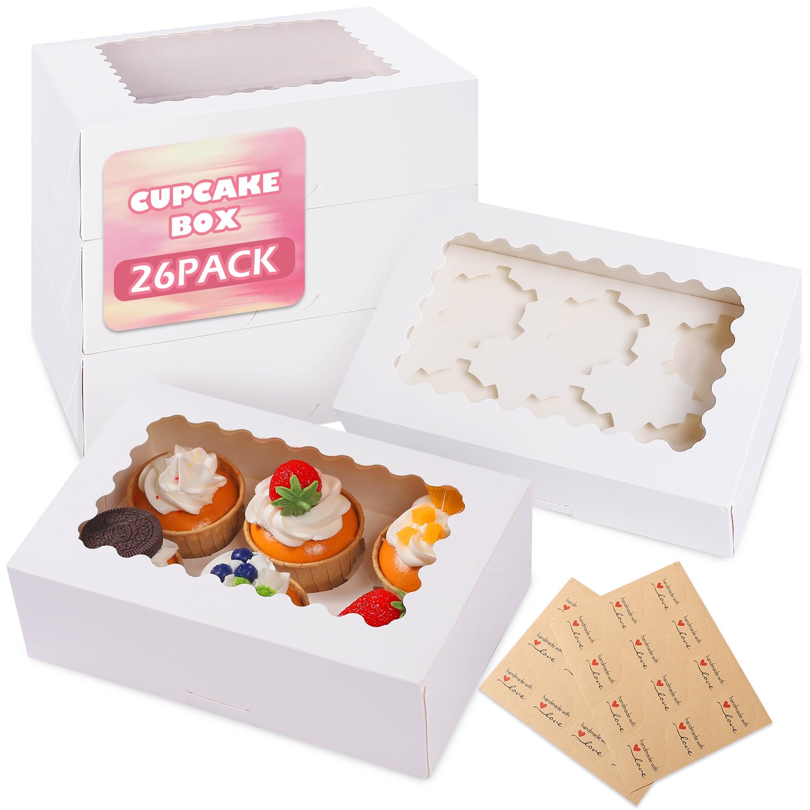 pupuluck 26 Pcs Cupcake Boxes 6 Hole Cupcake Box with Window Dessert Boxes(24x16x7.5cm) Thick Paper No Folding Required Cup Cake Box for Donuts Chocolate Cake Dessert