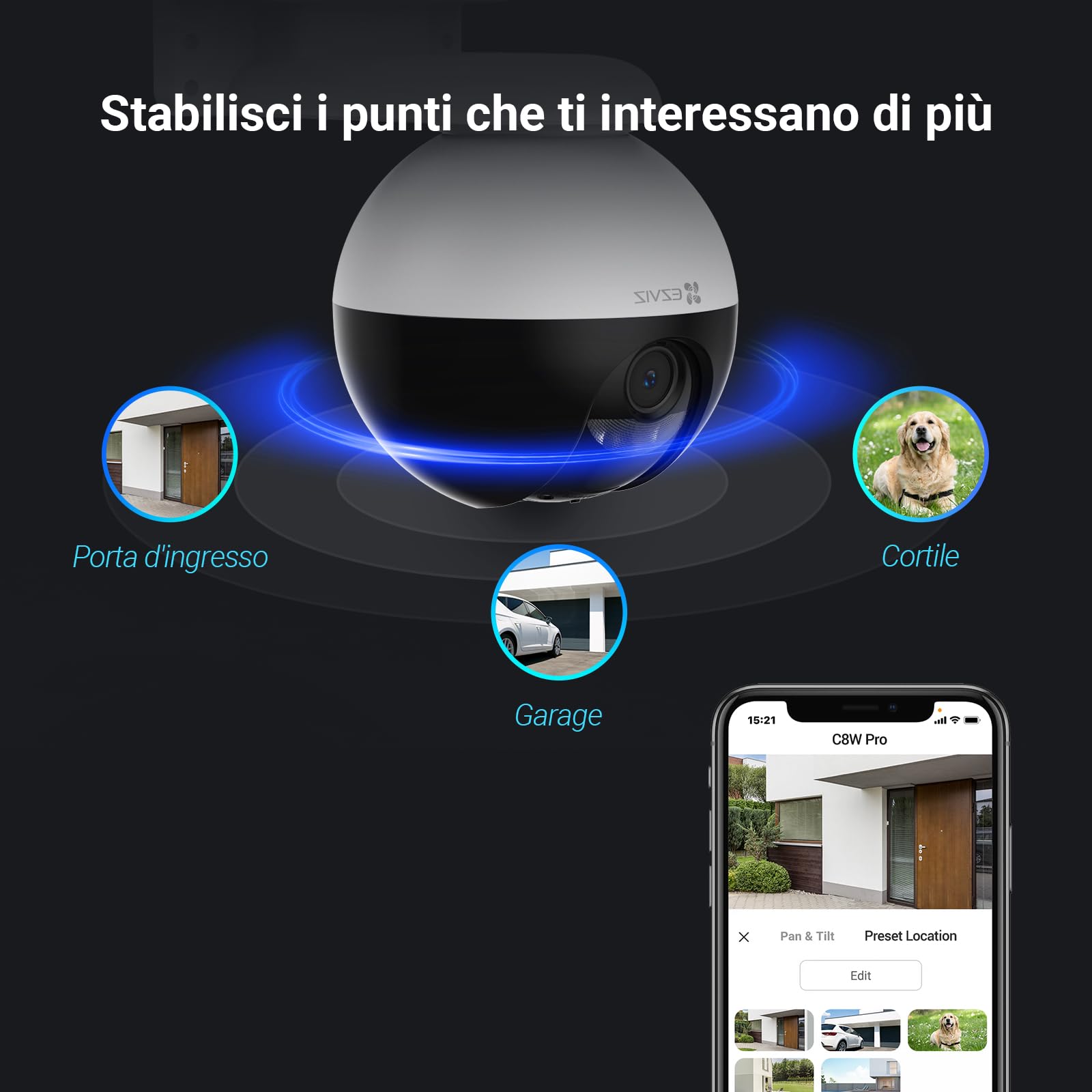 EZVIZ Telecamera WiFi da Esterno Motorizzata, Telecamera WiFi di Sorveglianza, Videocamera Esterna Pan&Tilt con Copertura Visiva a 360 °, Visione Notturna Fino a 30 m, AI, Impermeabile, C8W 3MP