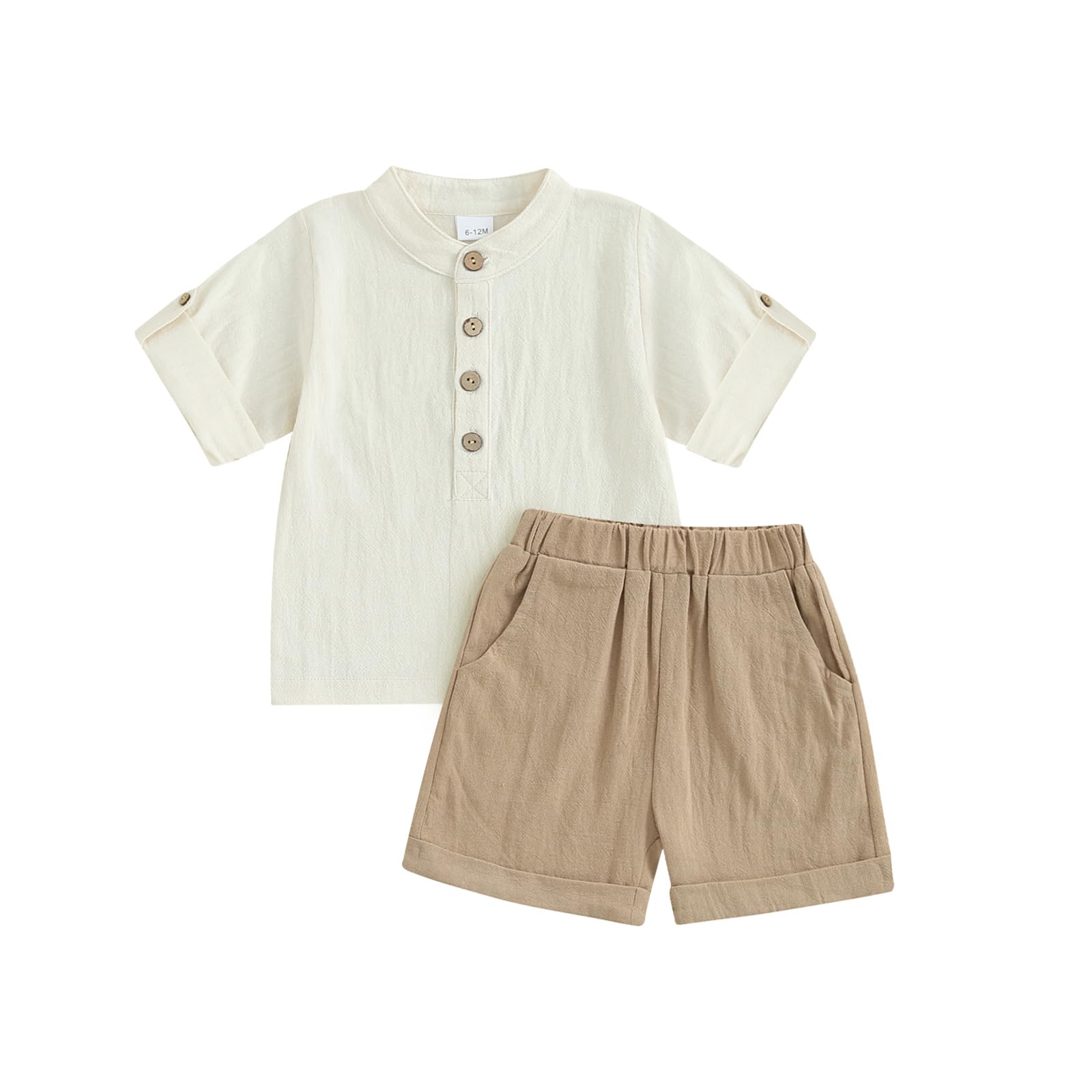 Doqcey Toddler Baby Boy Summer Clothes Cotton Linen Short Sleeve Henley Shirt Solid Color Shorts Set 2Pcs Summer Outfits (Khaki-A, 3-4 Years)