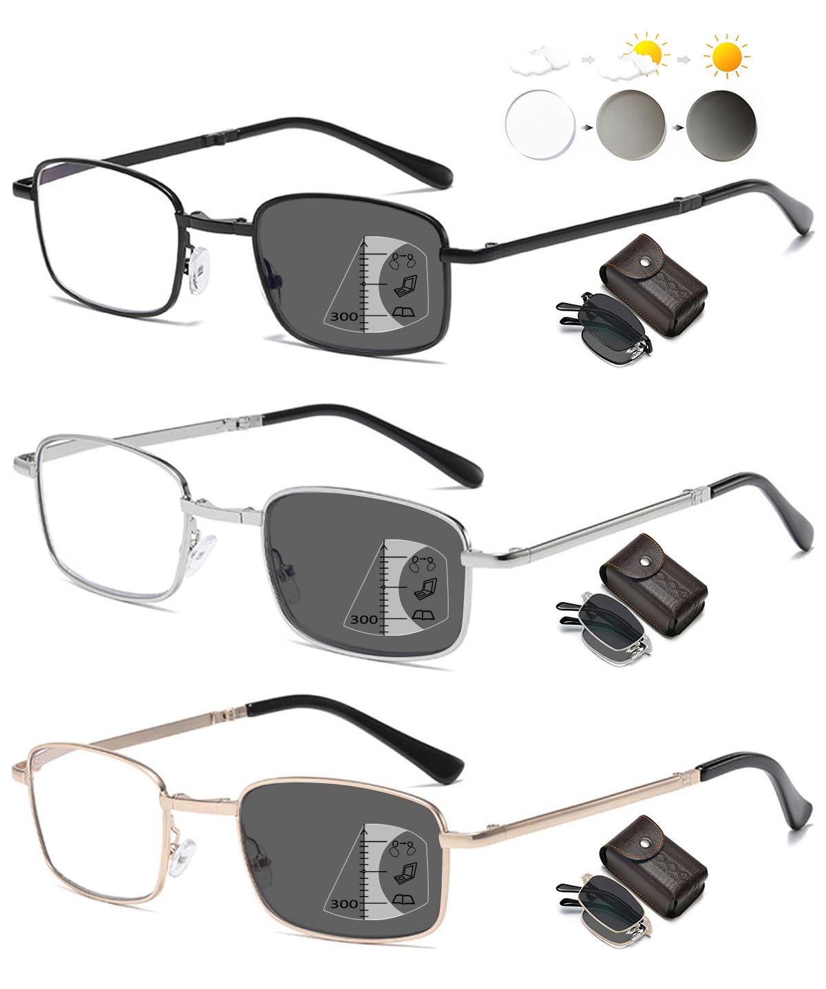 KOOSUFA Faltbare Selbsttönende Gleitsicht Lesebrille Gleitsichtbrille Progressive Multifokus Anti-Blaulicht Photochrome Herren Damen mit UV-Schutz Sonnenlesebrille Zusammenklappbar mit Etui 1,0-4,0