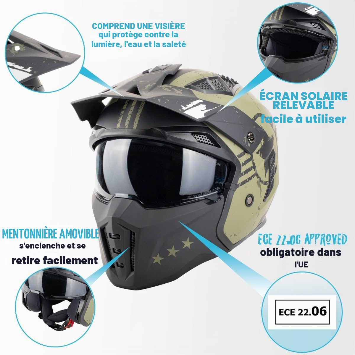 VINZ Shikoku Casque Jet / Streetfighter | Homologué ECE 22.06 | Casque Moto | Casque Scooter avec Écran Solaire Intégré | Casque Jet avec Mentonnière Amovible