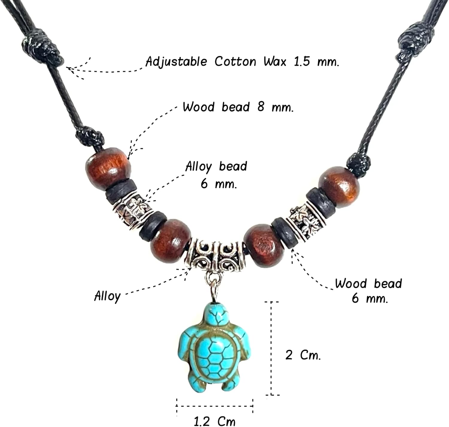 Hawaiian Sea Turtle Necklace - Bone Beaded Necklace - Wood Bead and Adjustable Cord - Image 2