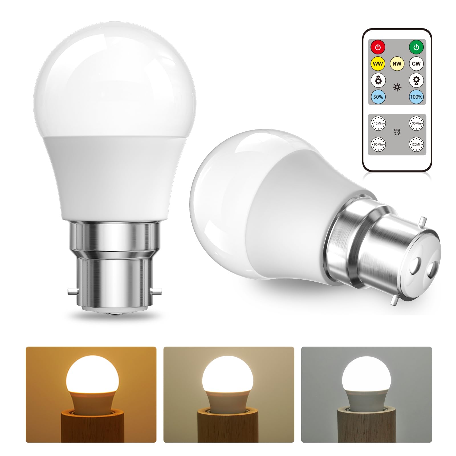 Bonlux Bayonet Light Bulb 5W, B22 LED Bulbs with Remote Control, 3 Colour Temperature Warm/Natural/Cool White Dimmable Bayonet Light Bulb, Timer & Memory Function, G45 Energy Saving Bulbs, Pack of 2