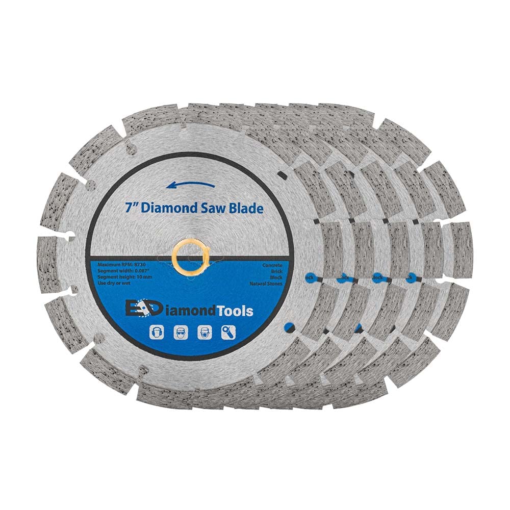 7" Segmented Diamond Saw Blade for Concrete, Brick, Block and Masonry, 10mm Segment Height, 7/8" Bushing w/Diamond Arbor, 5-Pack