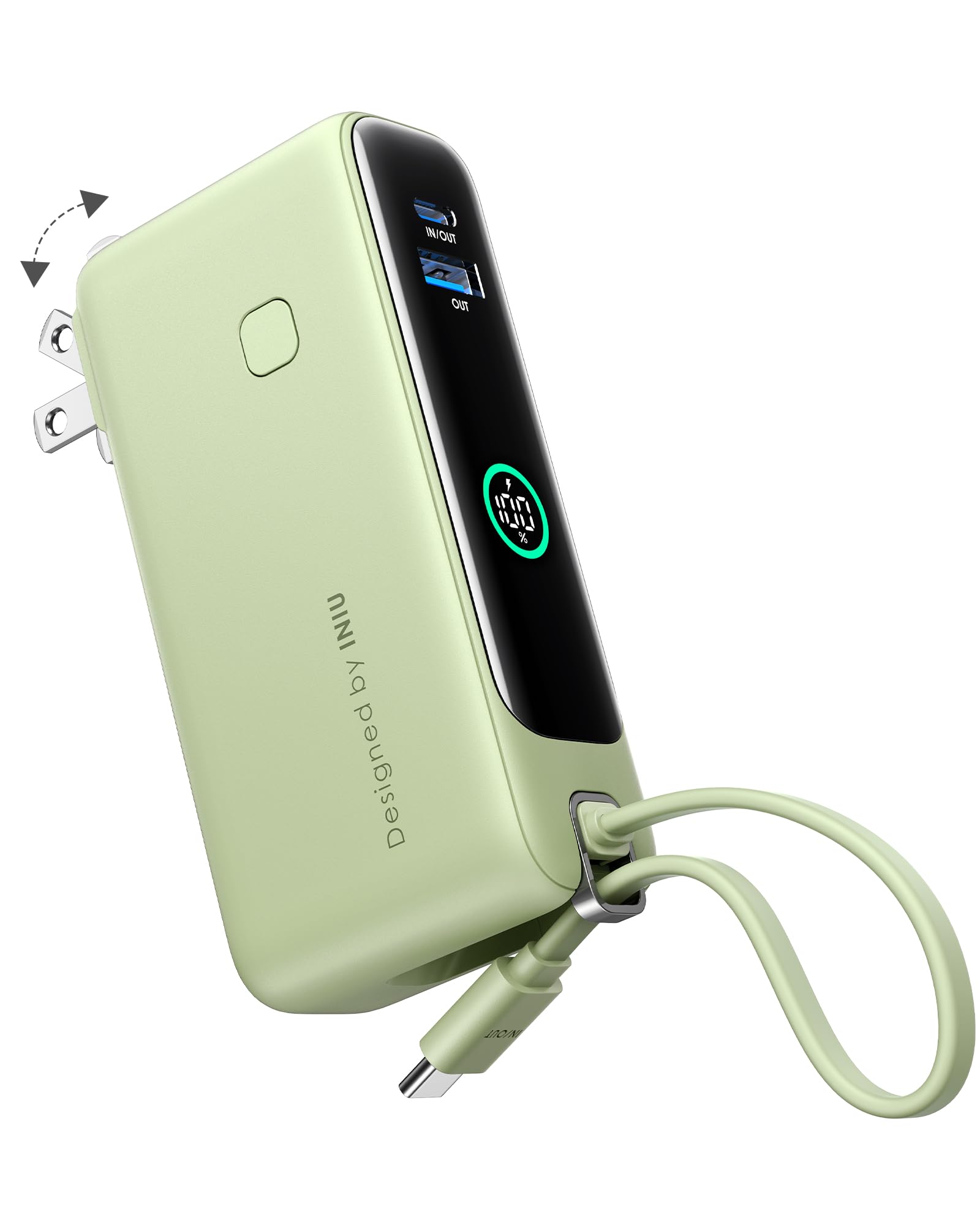 INIU 3-in-1 Portable Charger, Small 10000mah 30W Fast Charging Power Bank with Built-in USB C Cable and Foldable AC Plug, Flight Family Travel Essentials for College Students Teen Boys Girls, Green