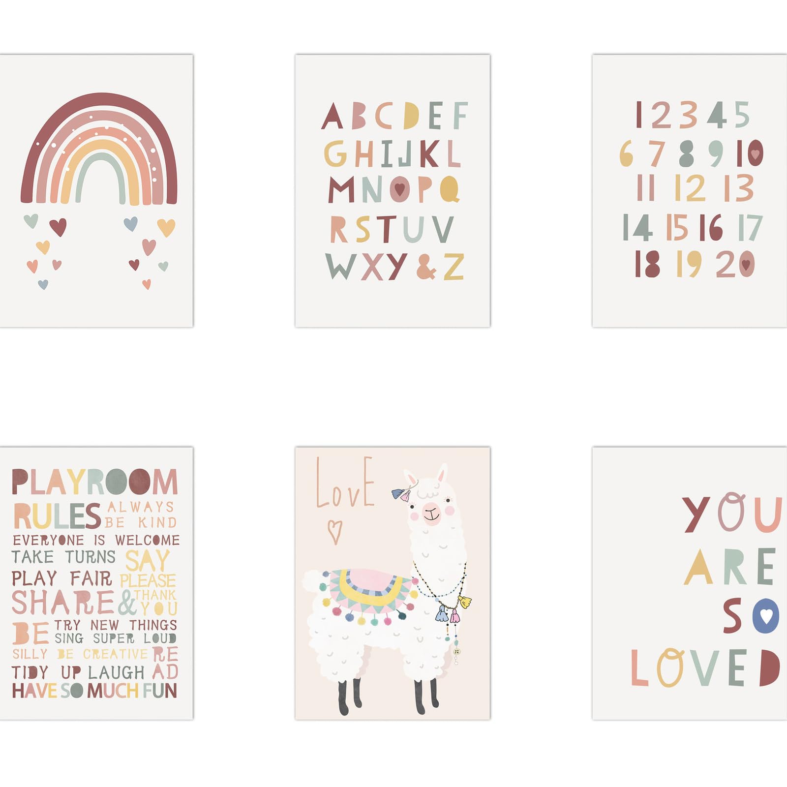 Tazweeq 6 Pcs Educational Charts & Posters, Canvas Art Paintings, Numbers Alphabet Children's Poster,Cartoon Pictorials,Wall Decor, Learning Posters for Toddlers 1-3, Preschool Classroom Must Haves