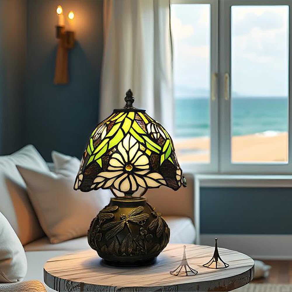 XINYASEE Tischlampe im Tiffany-Stil – pilzförmiger Lampenschirm aus Buntglas, Sockel mit Libellengravur, Retro-Nachttischlampe für Schlafzimmer, Wohnzimmer, Heimdekoration (Blumen-B)