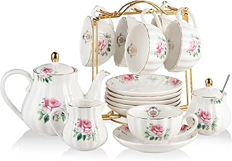 Sweejar Porcelain Tea Sets British Royal Series, 8 OZ Cups & Saucer Service for 6, with Teapot Sugar Bowl Cream Pitcher Teaspoons and Tea Strainer, Suitable for High Tea, Wedding, Party(Blush Pink)