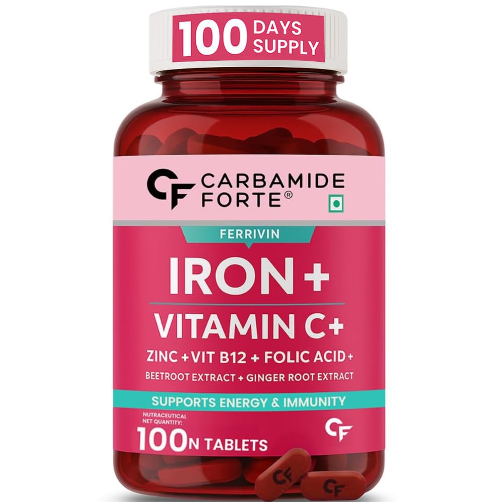 Carbamide Forte Iron Supplement for Women & Men | Folic Acid Tablets with Vitamin C, B12, Zinc | 100 Veg Iron Tablets for Women & Men
