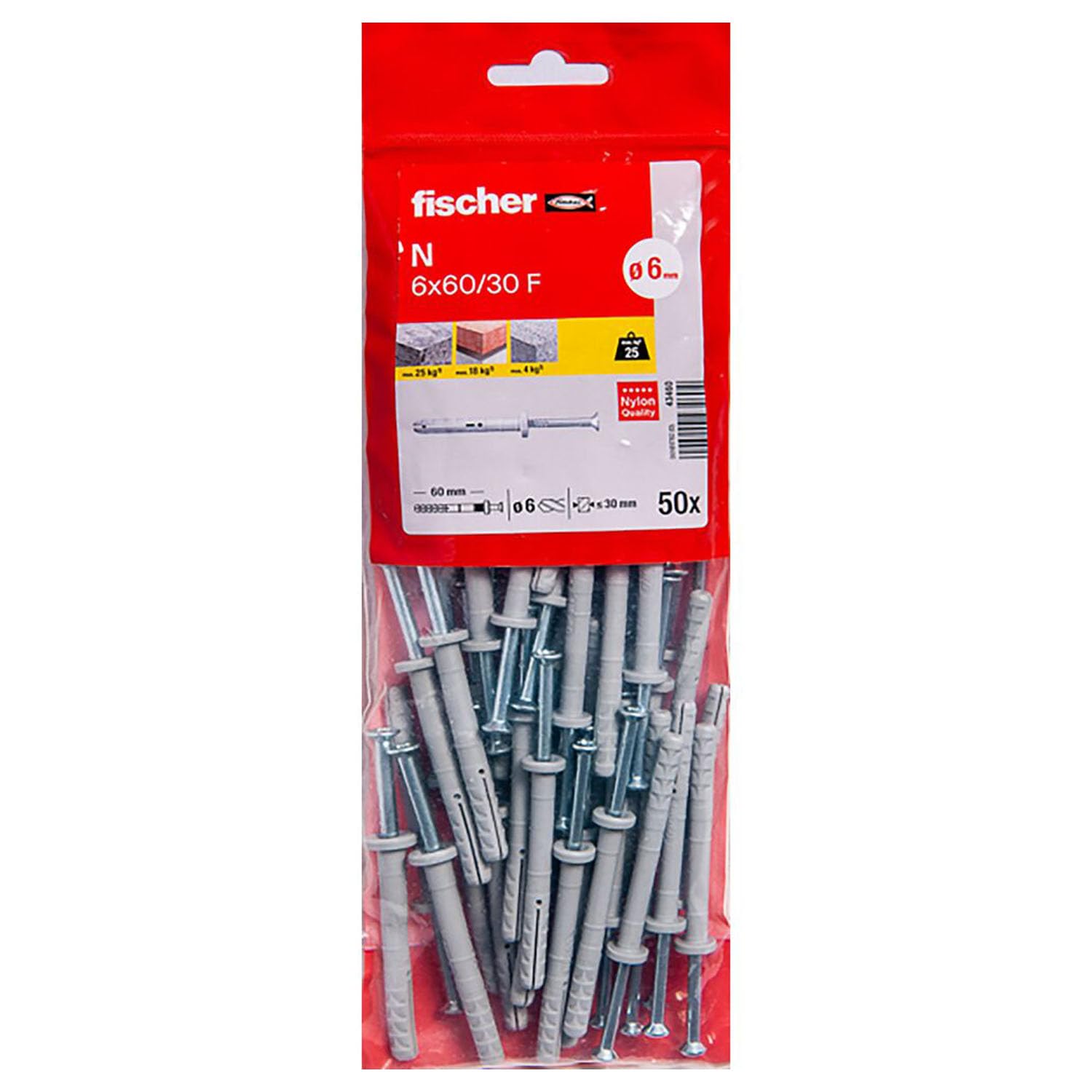 Fischer - Chevilles - 50 chevilles à frapper N Ø6 X 60 mm avec clou en acier électrozingué et tête plate - Fischer