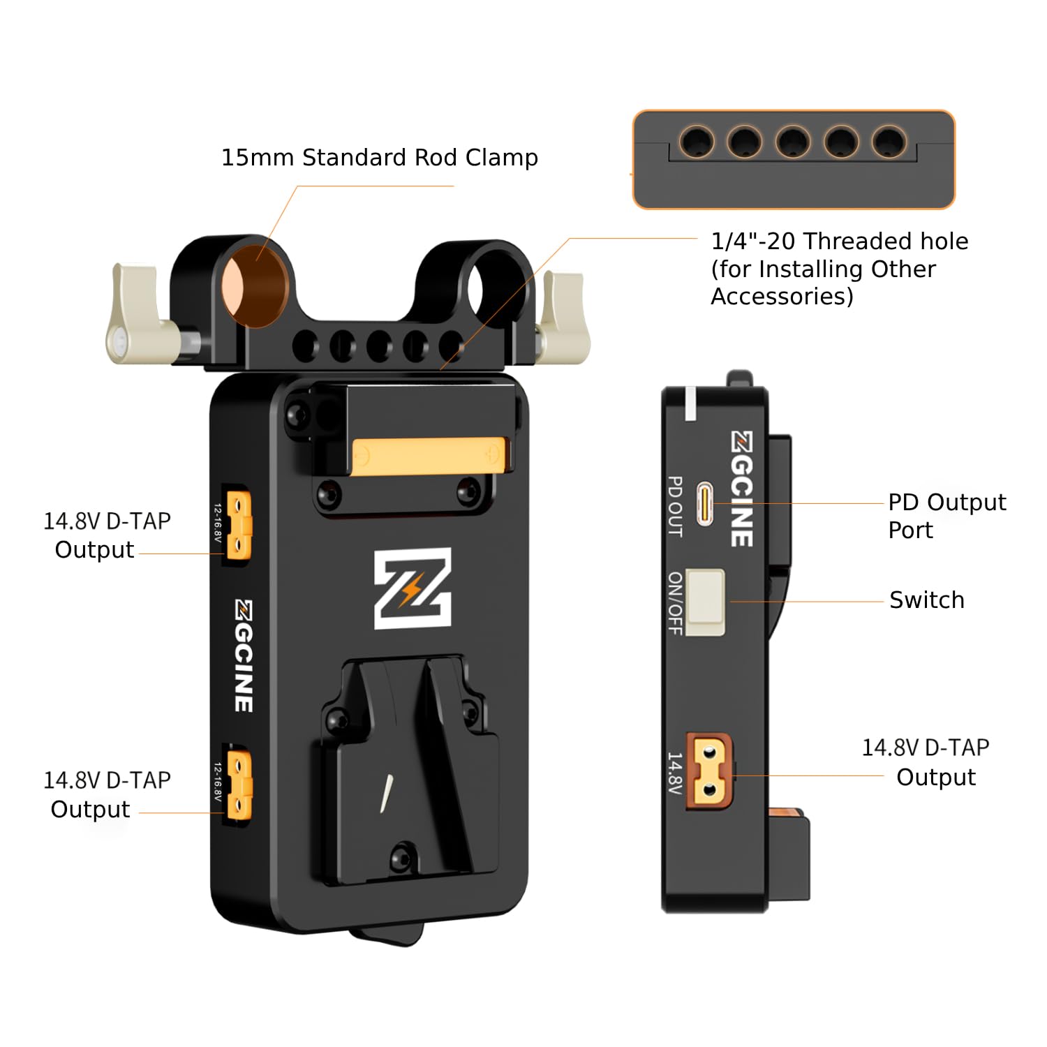 ZGCINE VM-VP3 płyta akumulatora z mocowaniem V z USB-C PD, wyjście D-tap i BPU | kompaktowy uchwyt na akumulator V-Mount do lustrzanek cyfrowych, bezlusterkowych i kamer cine
