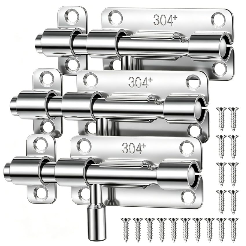 Boulon de serrure de porte en acier inoxydable 10,2 cm | Lot de 3 loquets coulissants avec vis