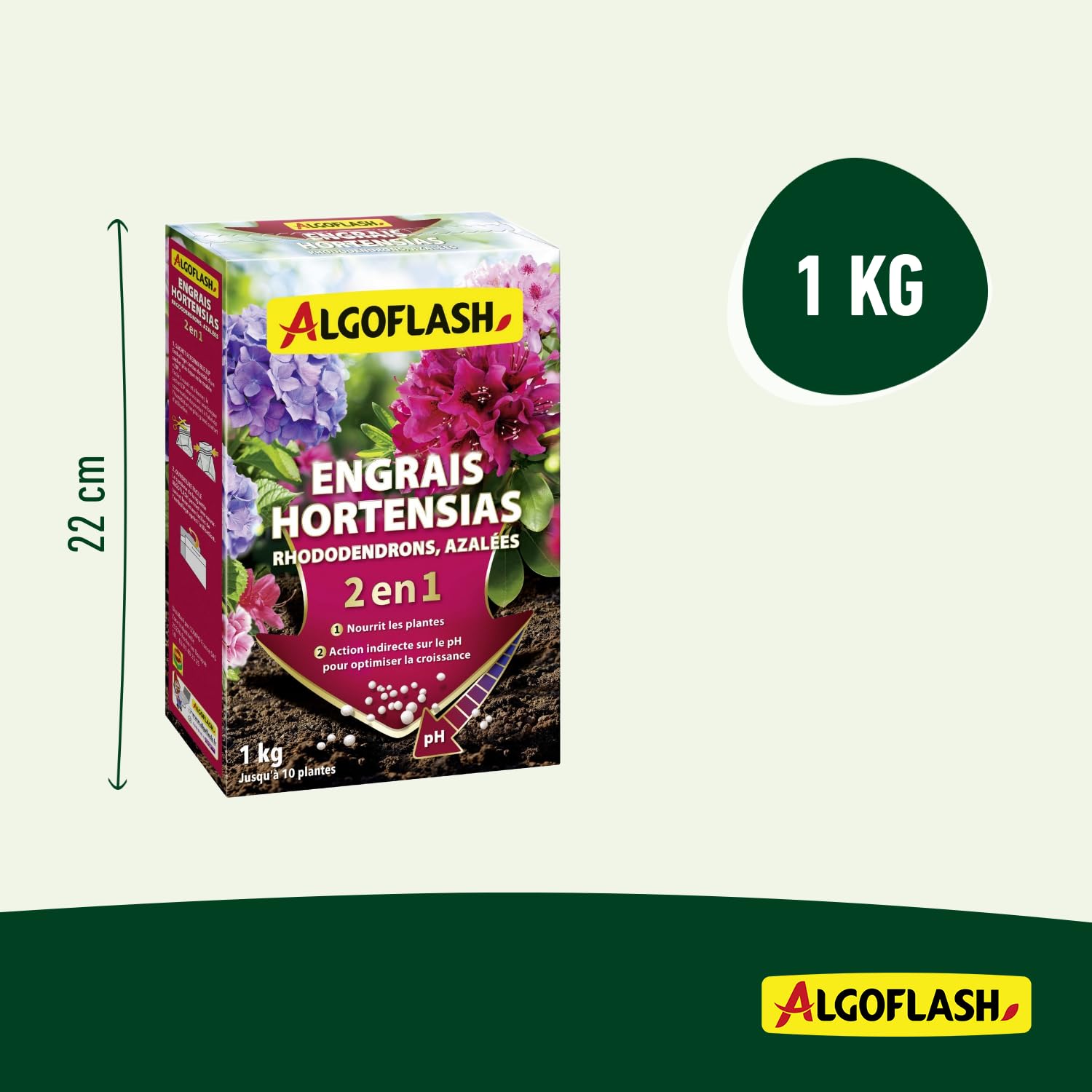 ALGOFLASH Engrais 2 en 1 pour Hortensias, Rhododendrons, Azalées Spécial pH, jusqu'à 10 Plantes, 1 kg, HORTOPH1N