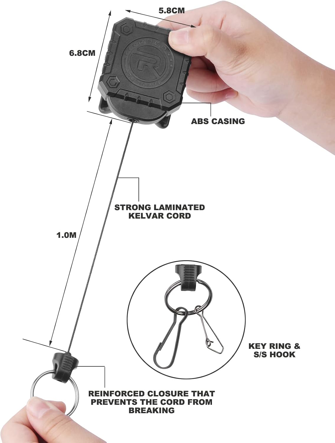 ROCOTACTICAL Military Tactical Gear Retractor, Molle Tactical Gear Tether, Retractable key/multi-tools Holder belt loop and Molle Clip Included, 1Piece (Black)