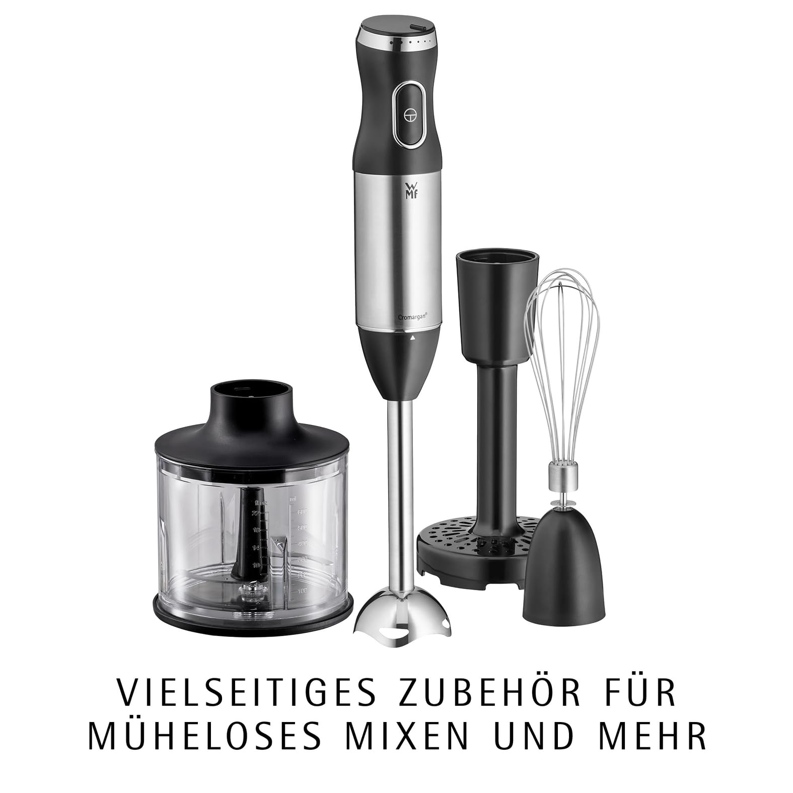 WMF Kult X Stabmixer Set 5-teilig – Edelstahl Pürierstab 600 W mit Schneebesen, Stampfer, Zerkleinerer und 700 ml Mixbecher, spülmaschinenfest, vielseitiger Mixer für Suppen, Smoothies und Babybrei