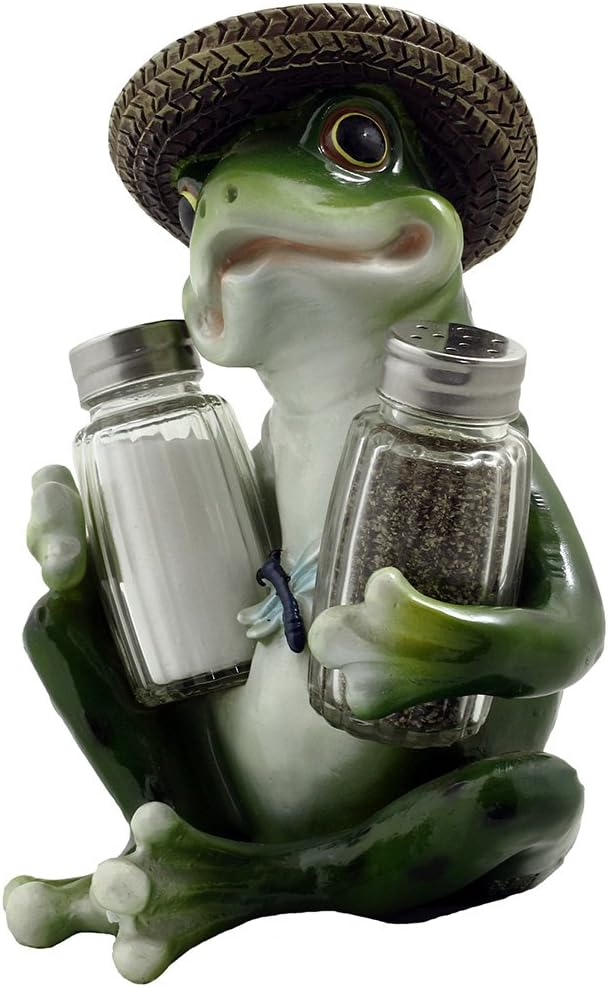 Decorative Country Frog & Dragonfly Glass Salt and Pepper Shaker Set with Display Stand Figurine Sculpture for Country Kitchen Table Decor or Whimsical Dining Room Decorations & Collectibles As