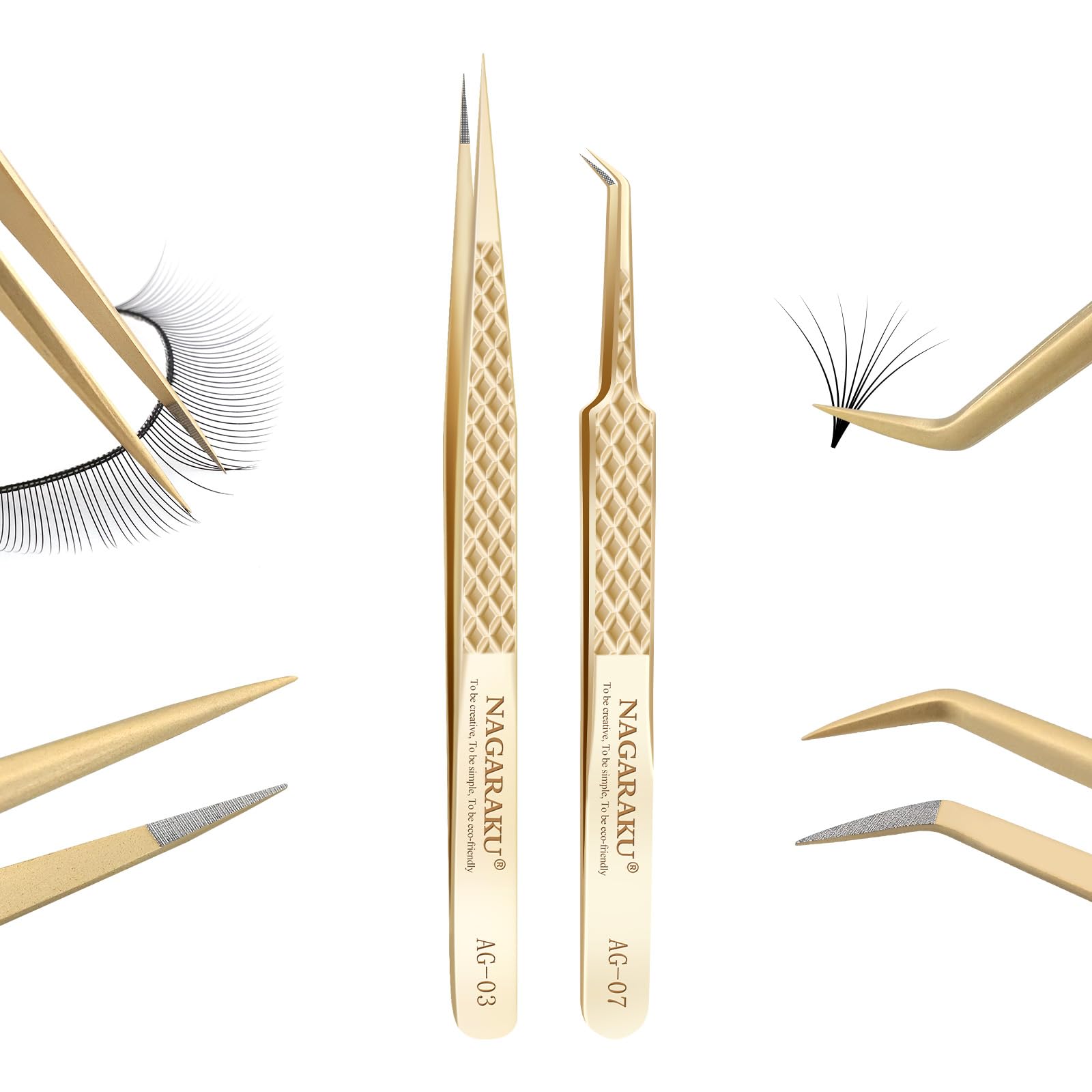 NAGARAKU 1 Pair Precision Fiber Tip Tweezer for Eyelash Extensions, Professional Eyelash Tweezers with Straight & Curved Tips