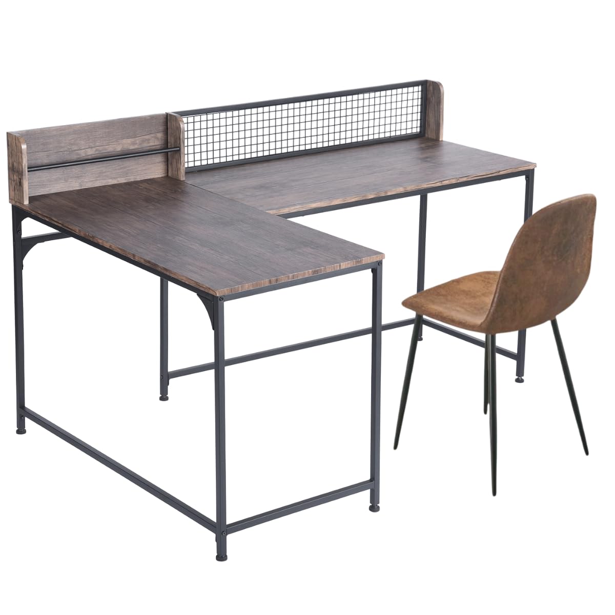 Homy CasaL Shaped Corner Desk with chair, 165 * 110cm Computer Workstation Industrial Style Gaming Desk whth suede chair for Home Office Study, Space saving, Walnut