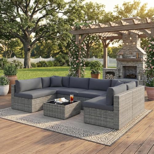 Image of 7 Piece Patio Furniture Set, Outdoor Wicker Sectional Sofa Set with Glass Coffee Table & Thick Cushions, All-Weather Conversation Set for Porch, Backyard, Deck, Grey