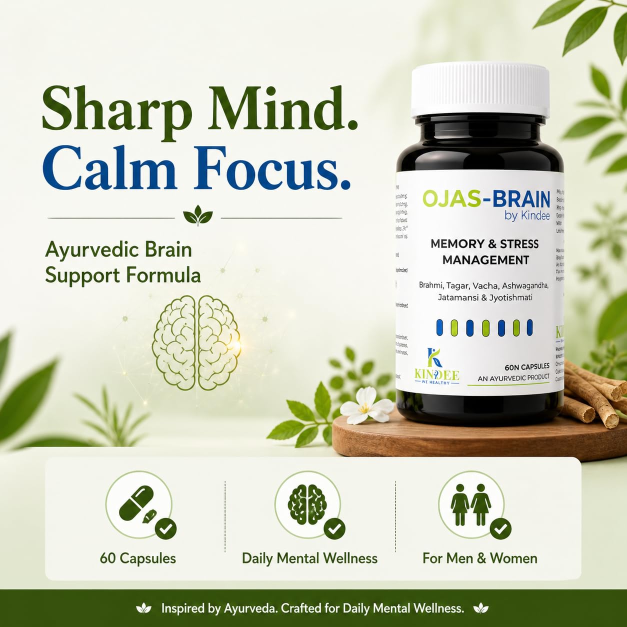 Kindee Ojas Brain Support Capsules with Brahmi, Ashwagandha, Jatamansi & Vacha | Ayurvedic Herbal Formula for Focus & Daily Wellness | 60 Capsules — Amazon image 2