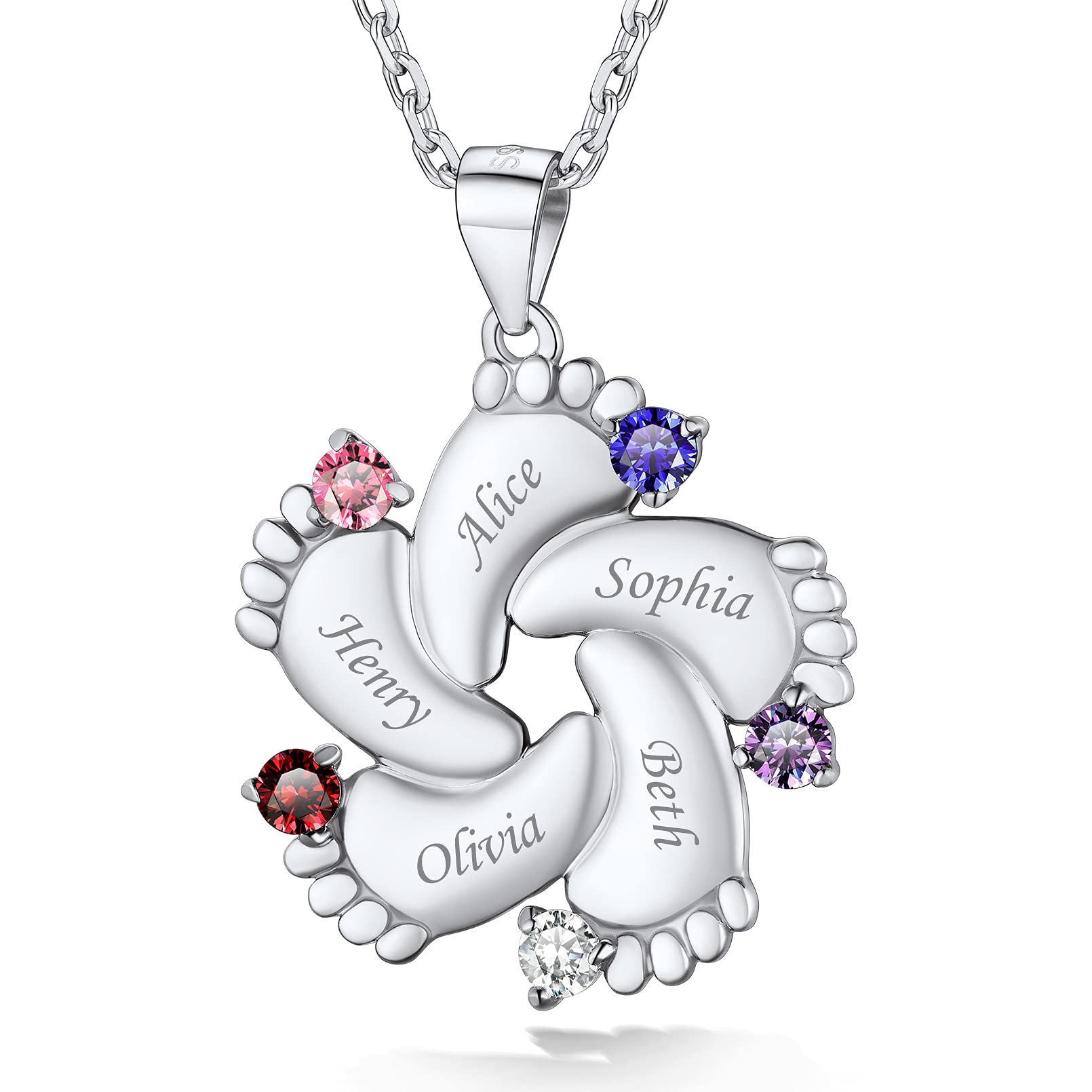 Custom4U Collana con Piedi Bambino Tridimensionale Pietra Portafortuna in Argento S925 1-5 Nomi Inciso Catena Regolabile 45+5 cm AAA Cubic Zirconia Birthstone 12 Mesi Collana da Donna