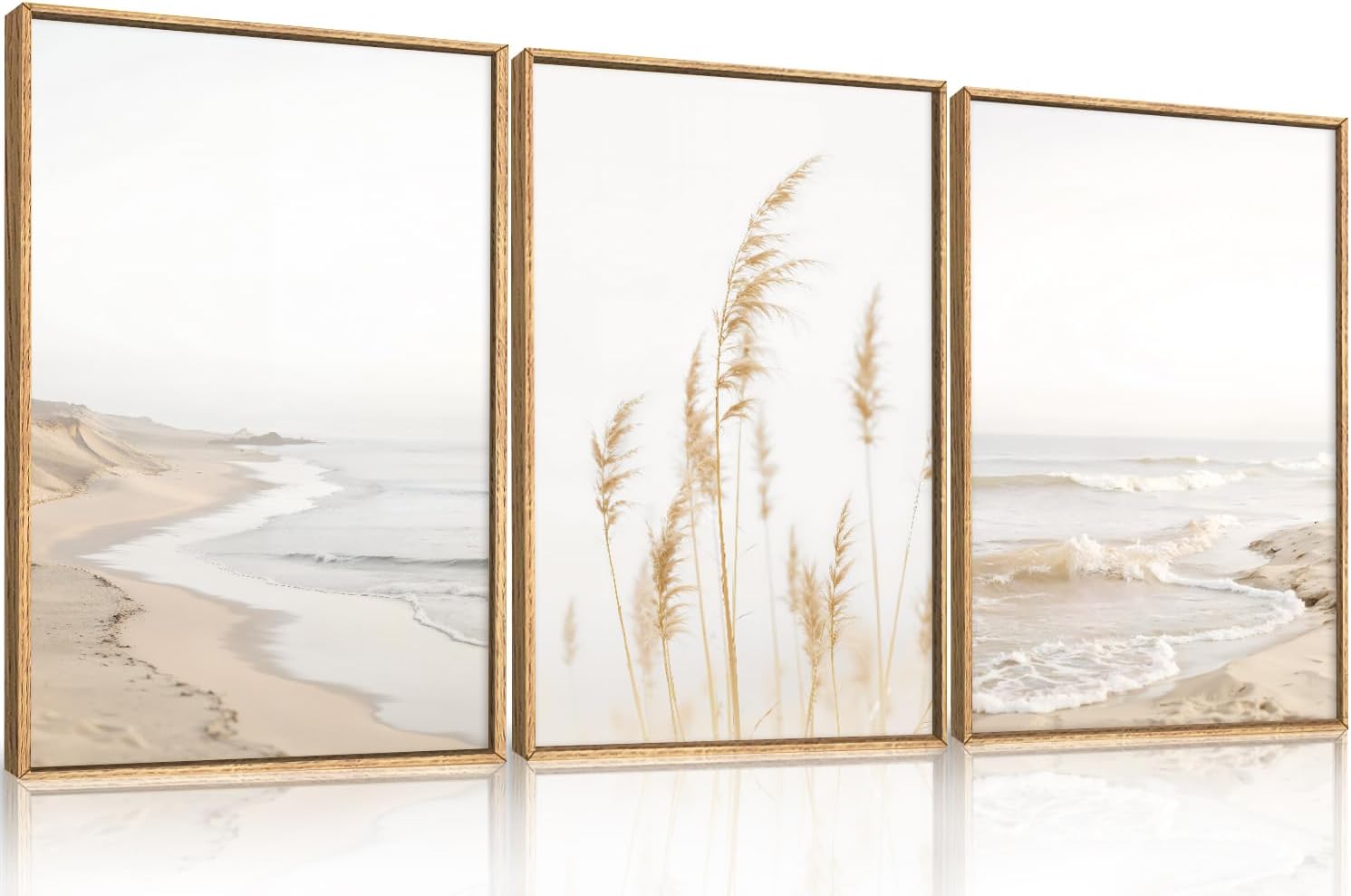HPNIUB Modern Beach Waves Framed Wall Art Set,Seaside Reed Pathway Wall Decor,Minimalist Neutral Coastal Landscape Printing,Boho Seascape Nature Artwork for Living Room, Bedroom,Bathroom-16''x24''x3