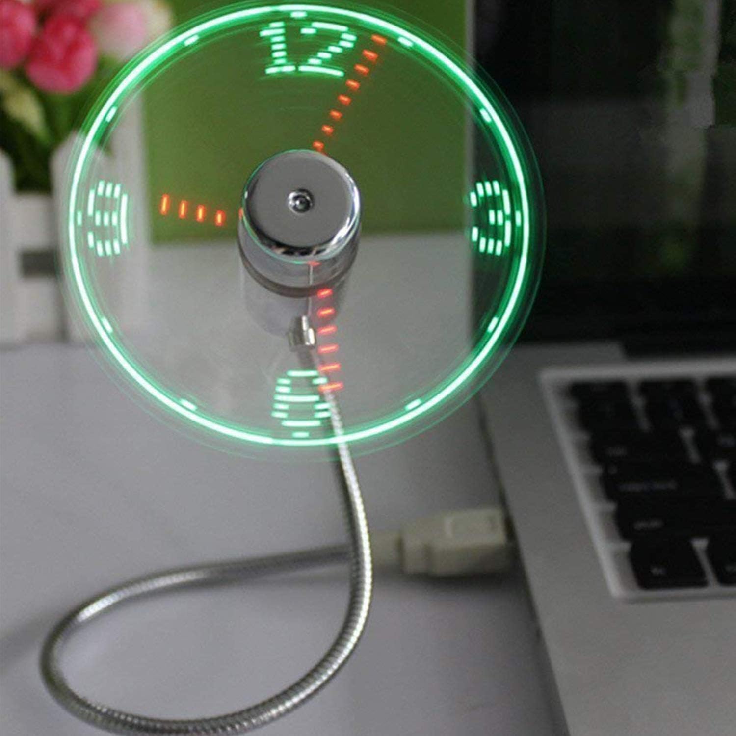 TECHGETS USB Clock Fan LED Cool Gadget Real Time Display Quiet Mini S Shape USB Fan for Laptop, Mobile OTG (Silver)