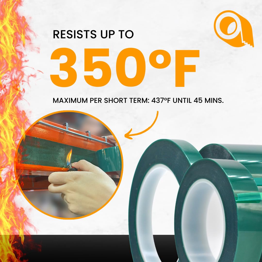 WOD PFT35GS High Temperature Polyester Green Masking Pet Tape. 2 inch x 72 yds. for Powder Coating, E-Coating or Plating Projects. Up to 350 F Resistance, Heat and Fireproof.