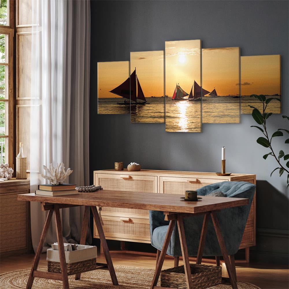 B&D XXL - Quadri Moderni Soggiorno Grandi Dimensioni, Barche Vela 225x112cm | Chiodi Inclusi, 5 Pezzi, Quadro Moderno, Pannelli Decorativi, Murale Arte, Tramonto, Resistenti Allo Sbiadimento, Spiaggia