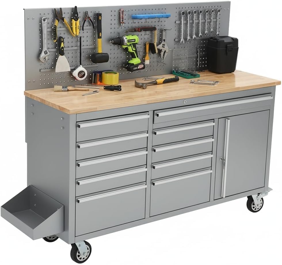 Image of 61-Inch Rolling Tool Chest, Workbench with 10 Drawers, Solid Rubber Wood Top,1675 LBS Load, Locking Storage Cabinet, Heavy-Duty Steel Frame with Wheels and Power Strip, Silver