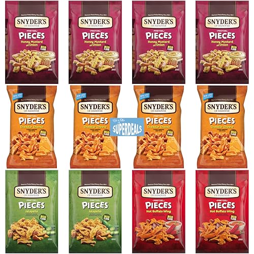Image of Snyder's of Hanover Pretzel Pieces Family Favorite Bundle - 12-Pack (2.25 oz each) - 4 Honey Mustard & Onion, 4 Cheddar Cheese, 2 Jalapeno, 2 Hot Buffalo Wings - Includes Mystery Gift bundeld by SUPERDEALS - Perfect for Parties, Movie Nights, & Snack Lovers