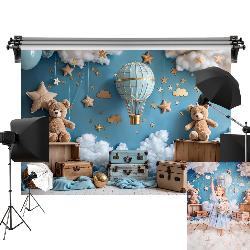 Kate 7x5ft/2.2x1.5m Birthday Backdrop for Photography Hot Air Balloons Teddy Bear Photoshoot Background Photo Video Studio Props