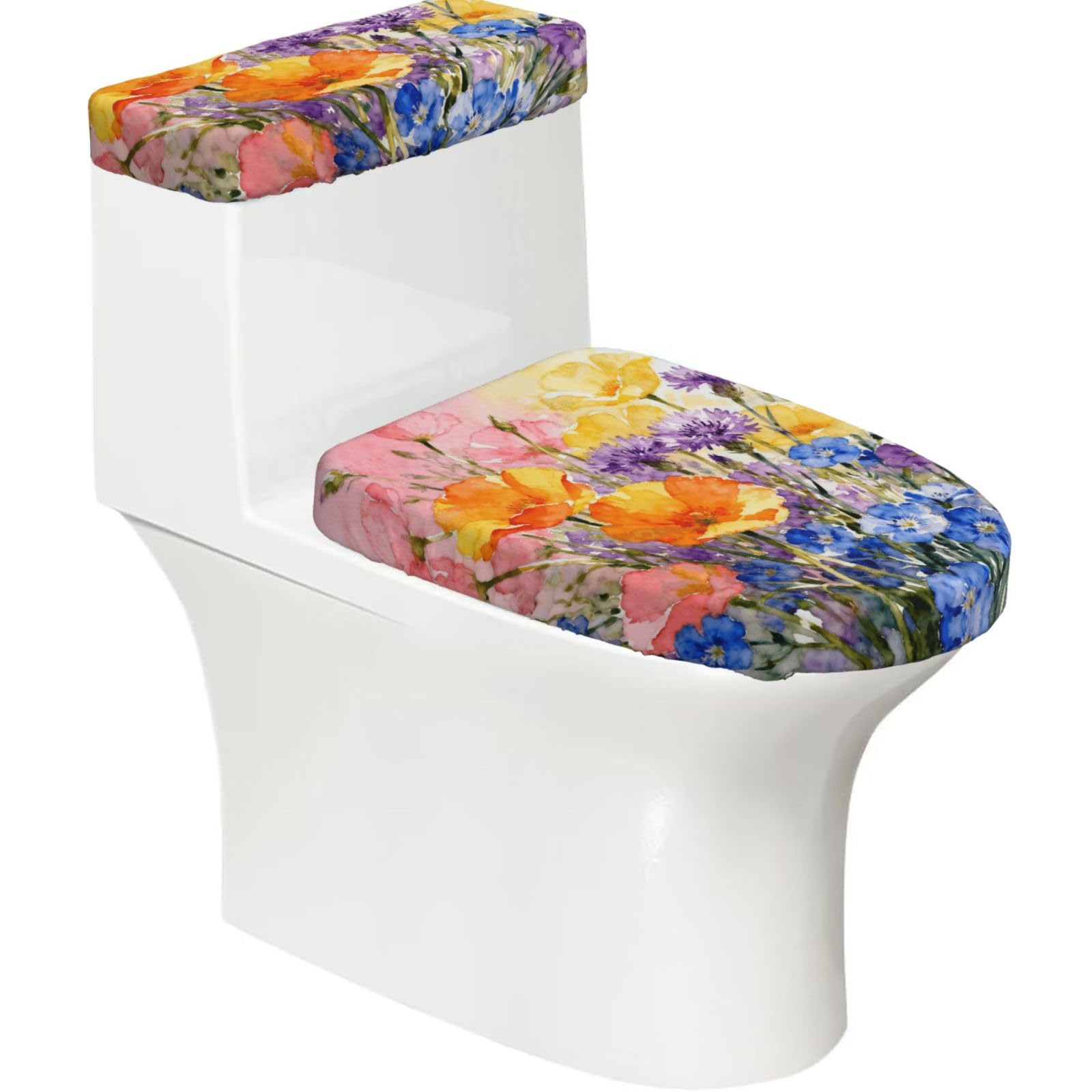 Cntdbu Black Dopamine Wildflowers Elastic Toilet Cover Set Of 2-Stretchy Lid And Tank Covers For Bathroom, Soft Washable U Shape Toilet Decor