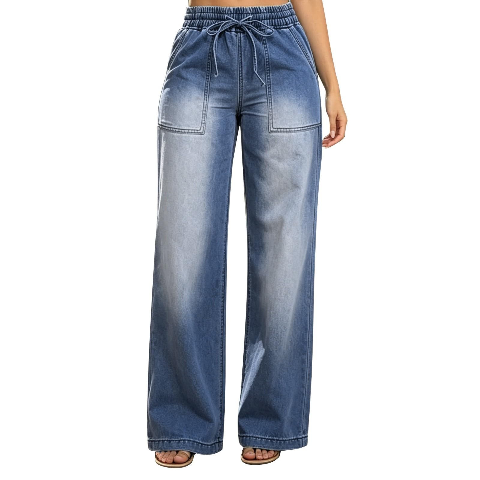Jeans Donna Curvy Taglie Forti Jeans Baggy Gamba Larga Larghi Pantaloni Denim Vita Alta Leggeri Curvy Moda Pantaloni Elasticizzati Casual con Tasche Taglie Forti Pants Comodi Wide Leg Push Up