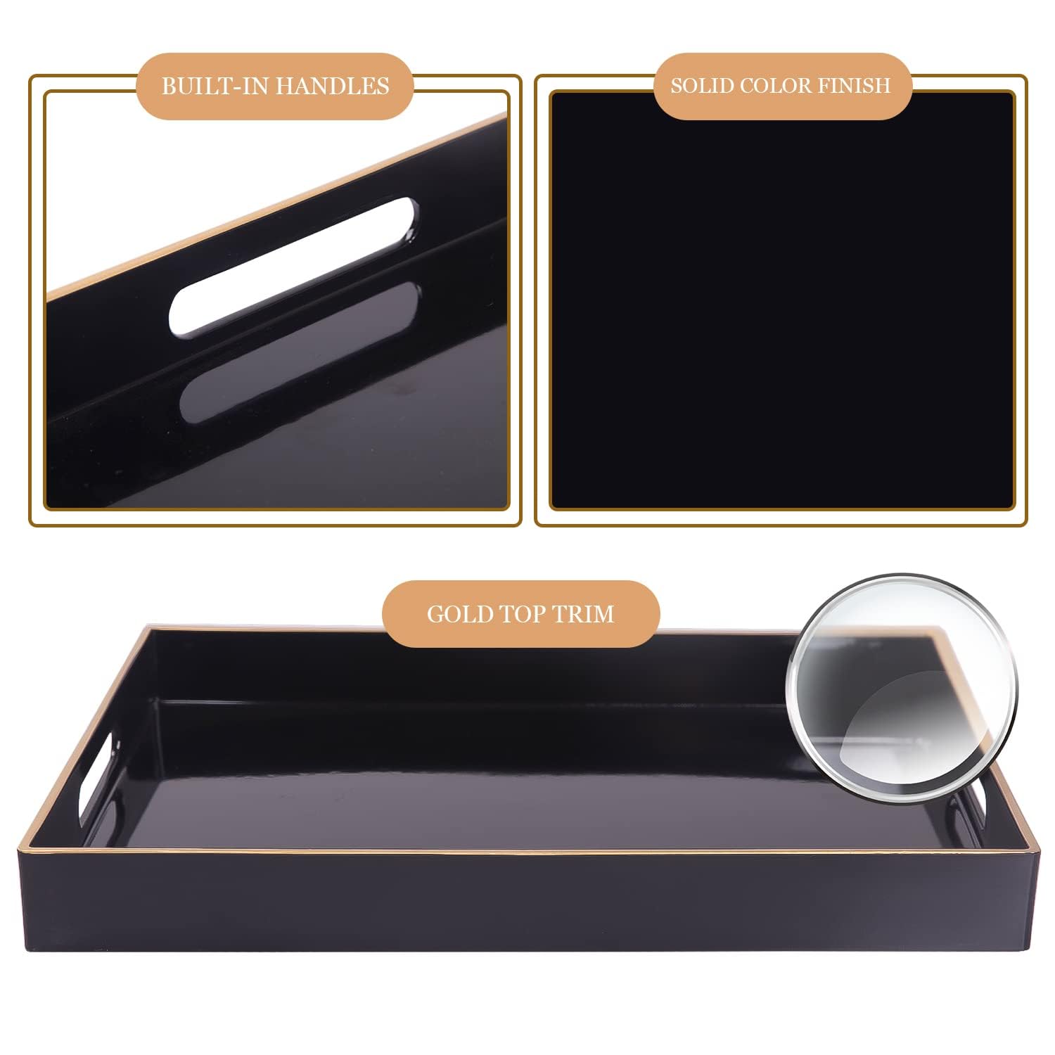 MAONAME Bandeja de servir negra con asas, bandeja decorativa rectangular, moderna bandeja de mesa de café, bandeja otomana de plástico para baño, decoración, 15.7 x 11.8 x 1.57 pulgadas