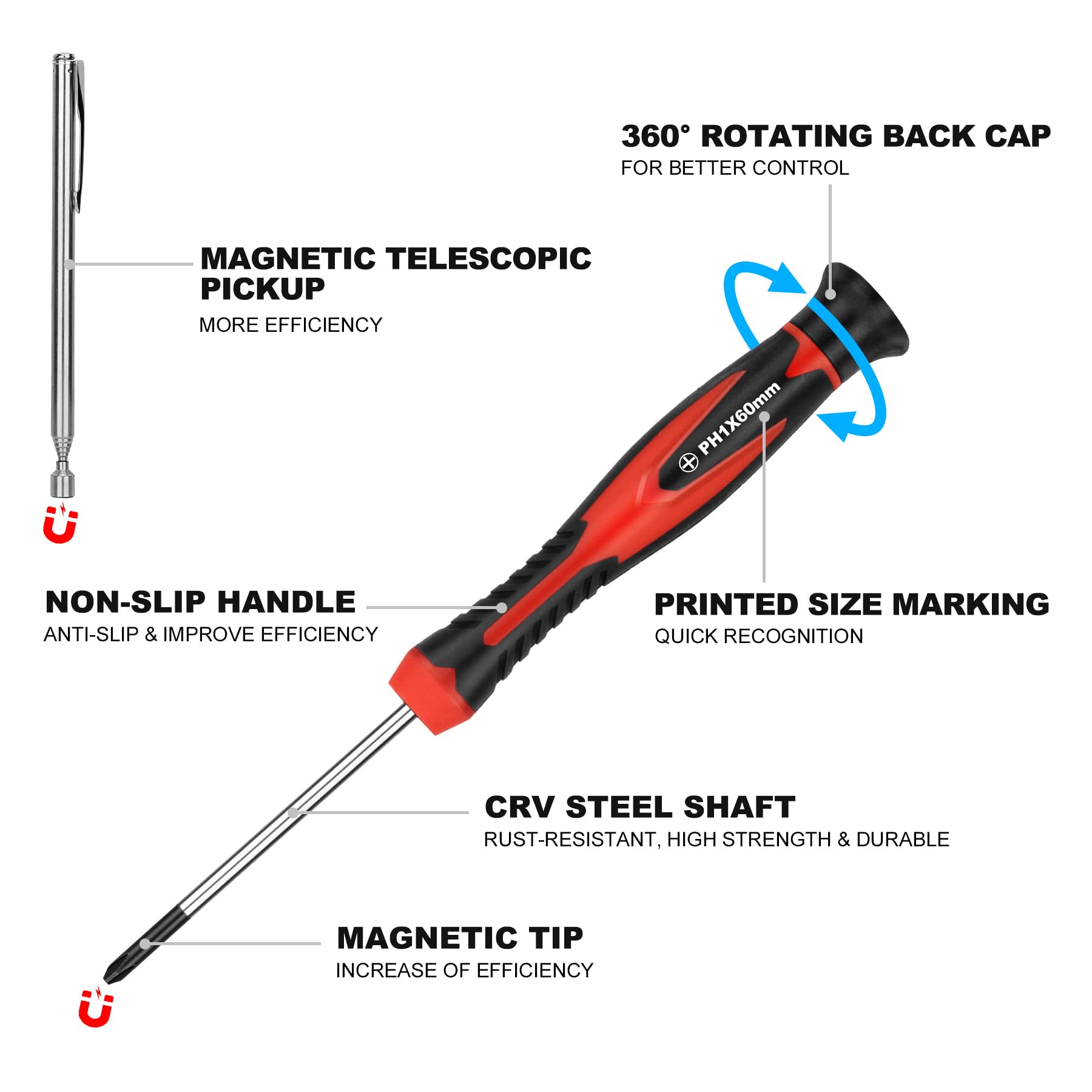 HAUTMEC 11-PCS Precision Screwdriver Set including Telescoping Magnetic Pickup Tool, Phillips, Flat, Torx, Pouch - Image 2