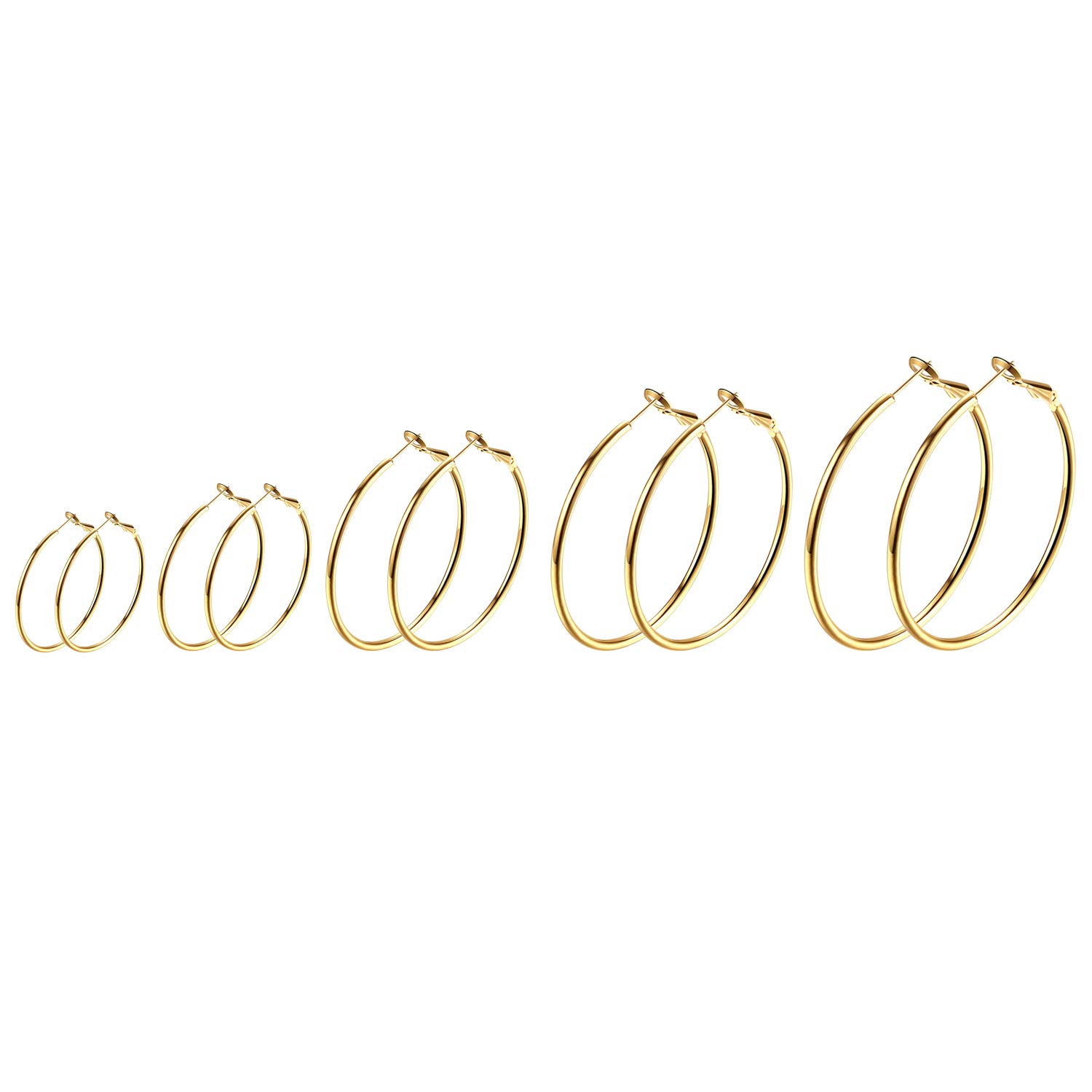 JewelryWe Schmuck 5 Paar Creolen Ohrringe Set Edelstahl Groß Rund Hängend Huggie Ohrringe Ohrhänger für Damen Mädchen, Durchmesser 30 40 50 60 70 mm, Schwarz Gold Silber Rosegold