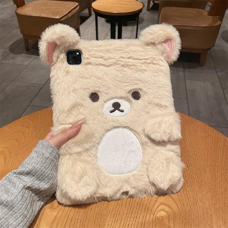 Fluffy Fur Plush Back Case for Apple Teddy Bear Beige Color Japanese Cartoon Warm Comfy Comfortable Winter Cute Lovely Adorable Kids Girls (for iPad 9th Generation 2021 10.2 Inch)