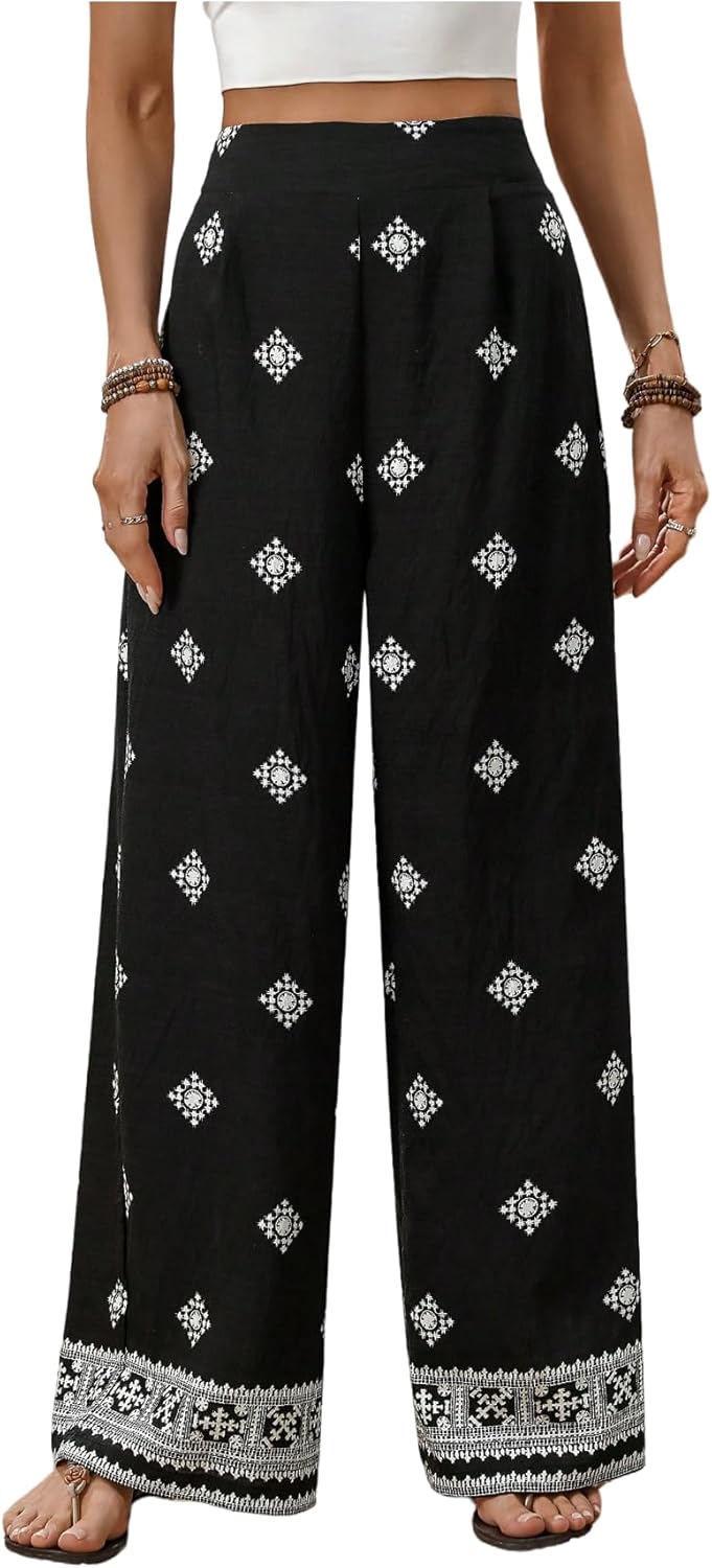 MakeMeChic Women's Boho Fall Straight Leg Pants Graphic Print Elastic Waisted Trousers