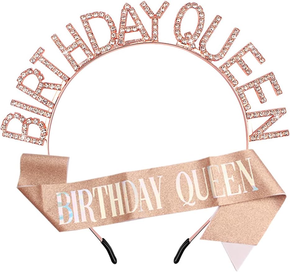Birthday Queen Crown & Sash for Women Rose Gold Birthday Tiara for Girls Birthday Queen Headband Princess Crown Rhinestone Happy Birthday Accessories
