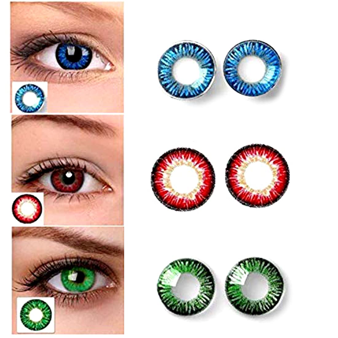 Diamond Eye 3 Pair Zero Power Monthly Color Contact Lenses Blue, Red & Green with Free Lens Case/Container Kit-image-20