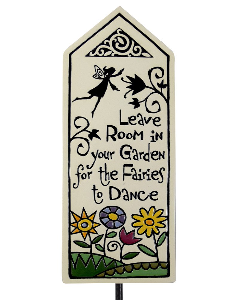 Ceramic Tile Garden Stake with 'Leave Room for Fairies to Dance' Quote, American Made White