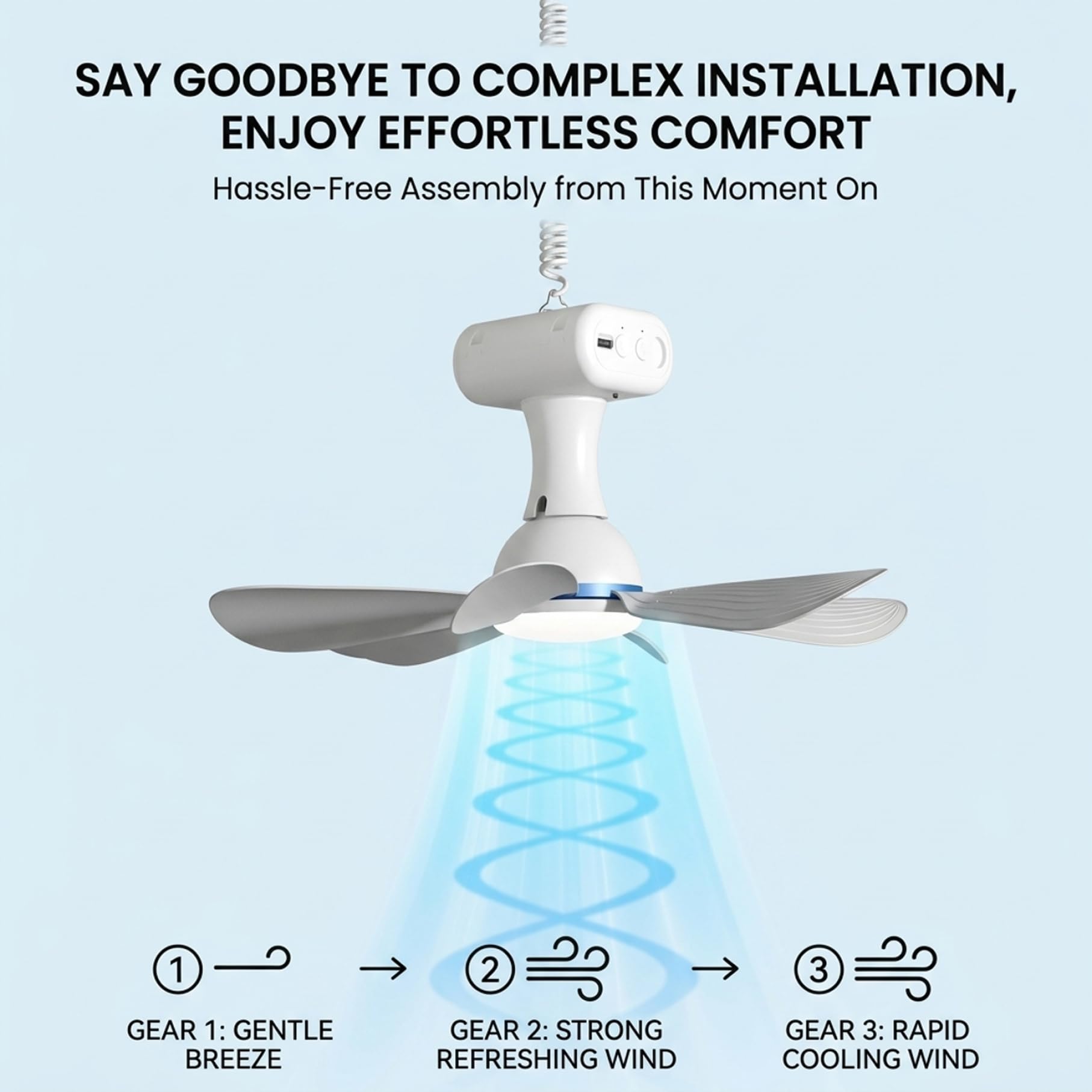 Ventilatore da soffitto solare con telecomando, ventilatore da soffitto portatile con batteria da 6000 mAh, pannello da 6 W per uso interno ed esterno in dormitorio, patio, campeggio, bianco