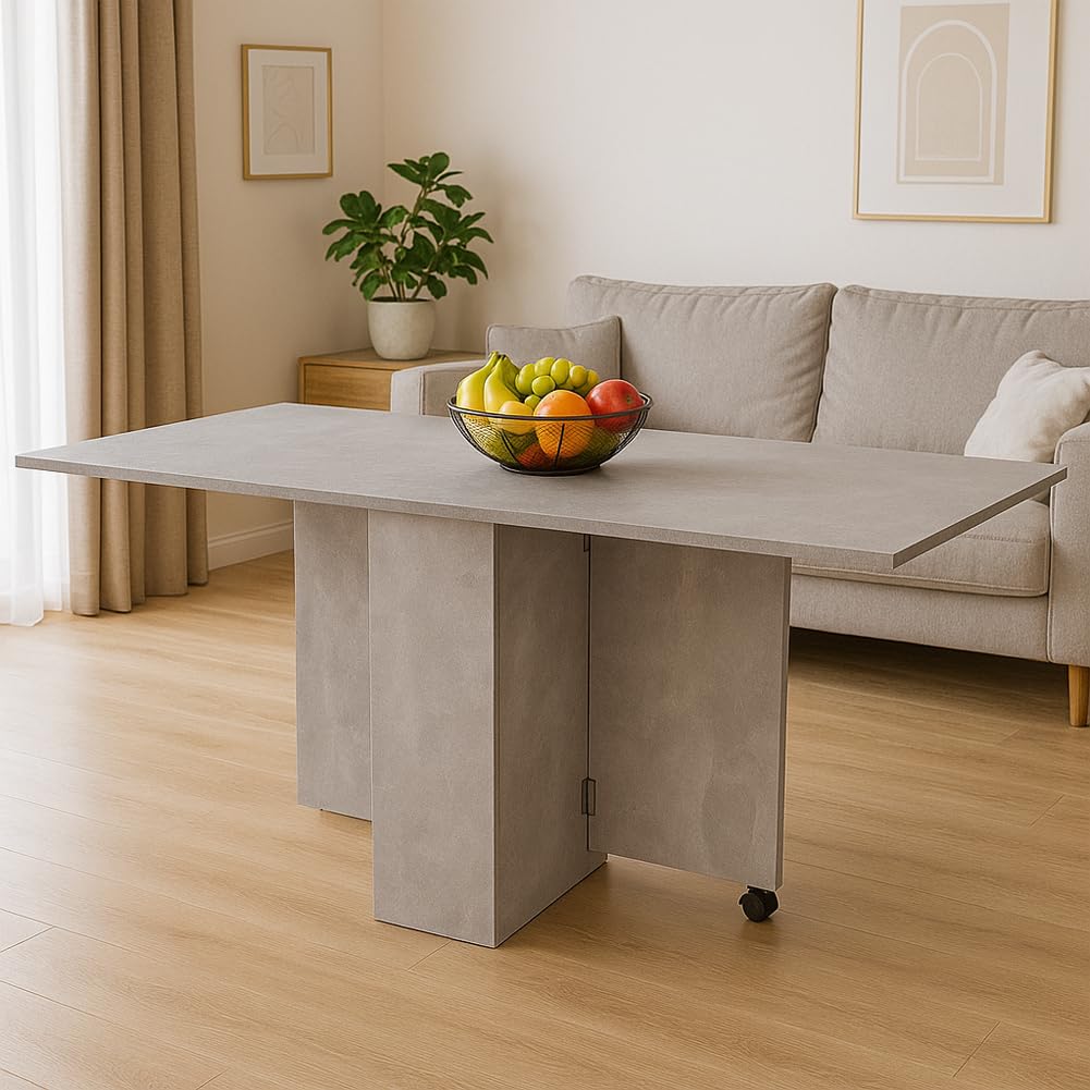 BAKAJI Tavolo da Pranzo Salvaspazio Cemento, Scrivania Pieghevole Richiudibile Allungabile con Libreria 2 Scomparti Ripiani a Scomparsa e Ruote, Design Multiuso Moderno 140 x 75 x 74 cm