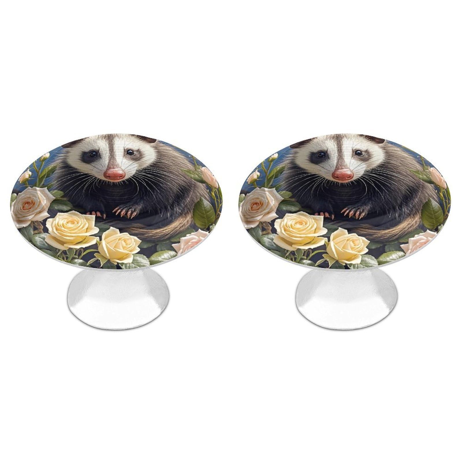FekiLoot Opossum and Roses Cabinet Knobs Simple Drawer Handles Aluminum Alloy Kitchen Pulls Round Cabinet Door Knobs with Screw Door Hardware for Dresser Cabinets 2 Pack
