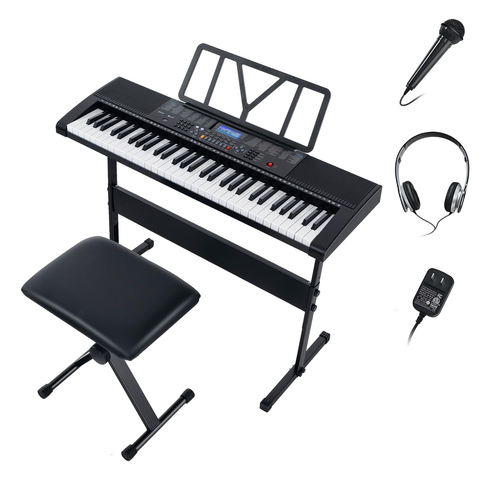 KOMFOTTEU Piano Digital de 61 Teclas, Teclado Electrónico con Soporte y Taburete, Piano Electrónico con Micrófono y Auriculares, 600 Tonos y 400 Ritmos, 50 Canciones Demo